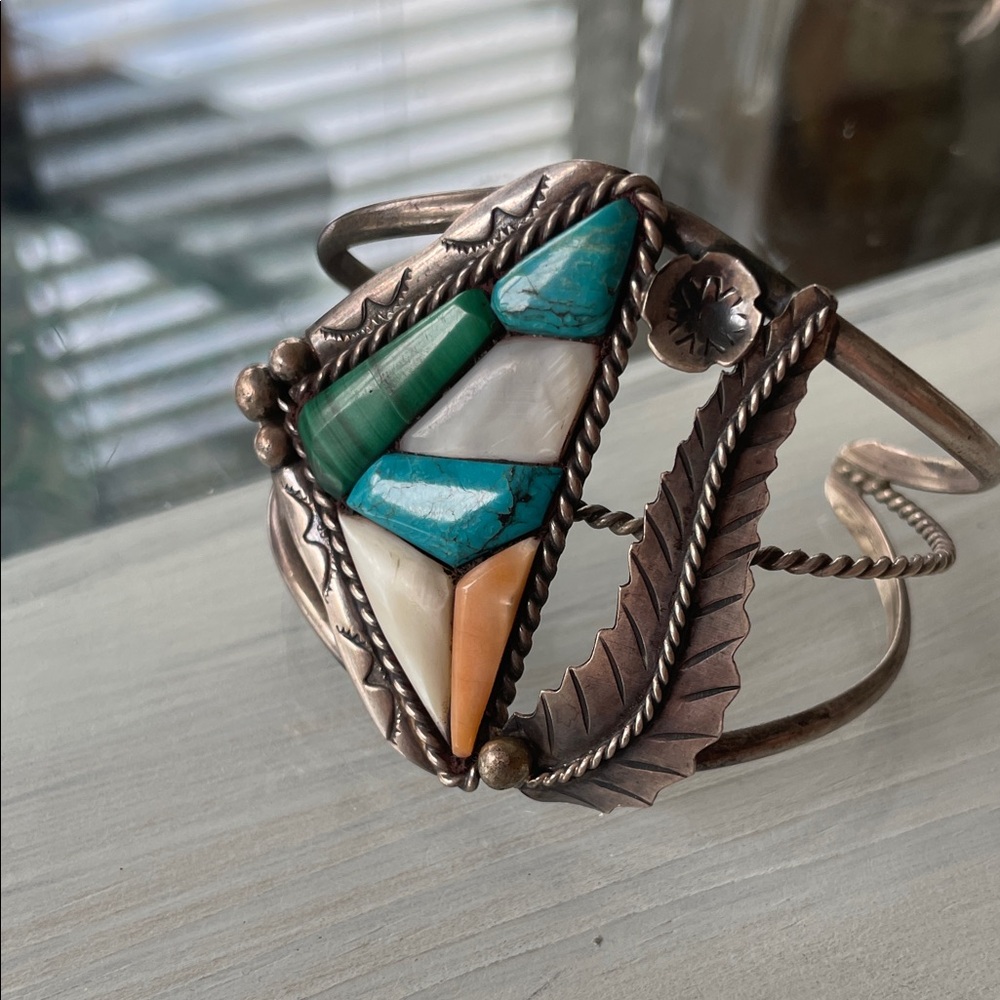 Vintage‎ T. Otten Navajo Inlay Leaf Sterling Silver Bracelet